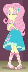 Size: 826x2100 | Tagged: safe, screencap, fluttershy, equestria girls, equestria girls series, fluttershy's butterflies, g4, beautiful, clothes, cropped, cute, dress, eyes closed, eyeshadow, feet, female, fluttershy boho dress, geode of fauna, legs, magical geodes, makeup, nervous, sandals, solo