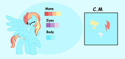 Size: 2432x1160 | Tagged: safe, artist:rose-moonlightowo, oc, oc only, oc:lightning glory, pegasus, pony, female, mare, offspring, one eye closed, parent:rainbow dash, parent:soarin', parents:soarindash, reference sheet, solo, wink