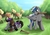 Size: 4092x2893 | Tagged: safe, artist:nothingspecialx9, oc, oc only, oc:cloud zapper, oc:purple flame, pegasus, pony, unicorn, armor, commission, dummies, dummy, duo, fight, forest, fur, gray, male, mouth hold, open mouth, scenery, stallion, sword, training, weapon, wooden sword
