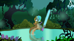 Size: 2330x1310 | Tagged: safe, artist:darktailsko, oc, oc only, oc:ponyhanako, pony, blue lightsaber, commission, crossover, everfree forest, fanart, female, force, jedi, jedi order, lightsaber, mare, pond, puddle, solo, star wars, the force, traditional art, weapon