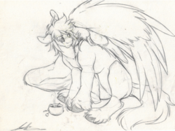 Size: 1083x812 | Tagged: safe, artist:duskyamore, oc, oc only, oc:umami stale, pegasus, pony, cup, food, monochrome, solo, tea, teacup, traditional art, unshorn fetlocks