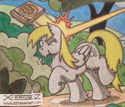 Size: 889x757 | Tagged: safe, artist:x-fang-z, derpy hooves, pegasus, pony, g4, rock solid friendship, abuse, derpybuse, female, food, pizza, scene interpretation, solo, traditional art