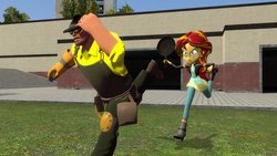 Size: 1024x576 | Tagged: safe, artist:lanceolleyfrie, sunset shimmer, equestria girls, g4, 3d, angry, chase, crossover, engineer, engineer (tf2), frying pan, gmod, team fortress 2