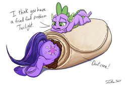 Size: 1354x917 | Tagged: safe, artist:tsitra360, spike, twilight sparkle, alicorn, dragon, pony, g4, burrito, butt, chimichanga, dock, female, food, male, mare, plot, prone, simple background, this will end in weight gain, twibutt, underhoof, white background
