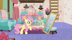 Size: 1280x720 | Tagged: safe, screencap, discord, fluttershy, draconequus, pegasus, pony, discordant harmony, g4, couch, fading, mirror, reflection, toaster