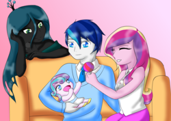 Size: 4092x2893 | Tagged: safe, artist:eternalcherryblossom, princess cadance, princess flurry heart, queen chrysalis, shining armor, equestria girls, g4, baby, couch, cute, equestria girls-ified, family, father and daughter, female, flurrybetes, male, mother and daughter, open mouth, rattle, ship:shiningcadance, shipping, straight