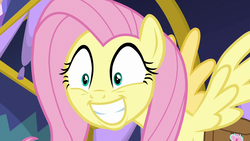Size: 1280x720 | Tagged: safe, screencap, fluttershy, pegasus, pony, a health of information, g4, cute, female, grin, looking at you, mare, shyabetes, smiling, spread wings, wings