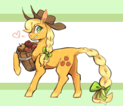 Size: 2008x1715 | Tagged: safe, artist:bebbies, applejack, earth pony, pony, g4, abstract background, apple, barrel, bow, braid, braided tail, cowboy hat, female, food, hat, heart, mare, raised hoof, solo