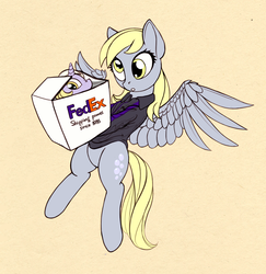 Size: 1275x1311 | Tagged: safe, artist:lunebat, derpy hooves, dinky hooves, pegasus, pony, unicorn, g4, box, clothes, duo, duo female, fedex, female, filly, literal shipping, mare, mother and daughter, simple background, wings