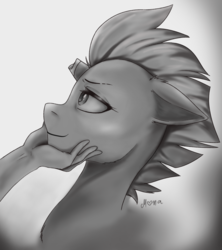 Size: 1570x1767 | Tagged: safe, artist:monanniverse, edit, editor:lamontagne, tempest shadow, human, g4, my little pony: the movie, broken horn, female, grayscale, horn, monochrome, smiling, story included, touching face, when she smiles