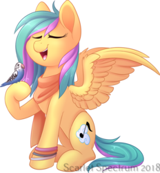 Size: 551x593 | Tagged: safe, artist:scarlet-spectrum, oc, oc only, oc:cloudsong, bird, budgerigar, budgie, parakeet, parrot, pegasus, pony, commission, eyes closed, female, mare, open mouth, raised hoof, signature, simple background, singing, smiling, solo, transparent background