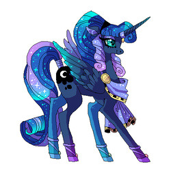 Size: 500x500 | Tagged: safe, artist:suippumato, princess luna, alicorn, pony, g4, idw, reflections, spoiler:comic, artemis luna, cool, ethereal mane, female, galaxy mane, horn, horn ring, mare, mirror universe, simple background, solo, tail wrap, white background