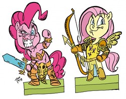 Size: 1280x1002 | Tagged: safe, artist:grotezco, fluttershy, pinkie pie, earth pony, pegasus, anthro, unguligrade anthro, g4, archer, arrow, bow (weapon), bow and arrow, bra, bracer, clothes, crossover, female, paper doll, smiling, sword, weapon