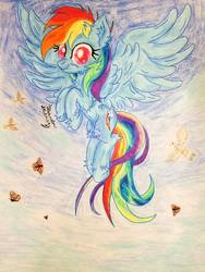 Size: 756x1008 | Tagged: safe, artist:lunarcipher1, rainbow dash, pegasus, pony, g4, alternate hairstyle, colored pupils, colored sketch, female, flying, large wings, pencil drawing, pose, signed, sketch, traditional art, wings
