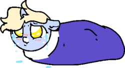 Size: 378x206 | Tagged: safe, artist:nootaz, oc, oc only, oc:nootaz, pony, unicorn, :t, blanket burrito, crying, female, floppy ears, looking up, pouting, sad, simple background, solo, stuck, transparent background, wavy mouth