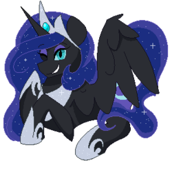 Size: 300x300 | Tagged: safe, artist:gembroken, nightmare moon, alicorn, pony, tumblr:ask queen moon, g4, ethereal mane, female, galaxy mane, hoof shoes, one eye closed, pixel art, simple background, solo, transparent background, wink
