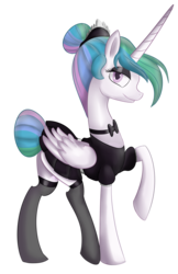 Size: 3105x4805 | Tagged: safe, artist:soulrainbow, princess celestia, alicorn, pony, g4, bunhair, christmas, christmas stocking, clothes, female, holiday, maid, maidlestia, mare, princess, raised hoof, royalty, simple background, solo, transparent background