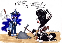 Size: 1934x1363 | Tagged: safe, artist:newyorkx3, princess luna, oc, oc:tommy junior, alicorn, pony, g4, baton, clothes, colt, dialogue, female, guitar, hat, magic, male, music notes, musical instrument, peaked cap, police officer, police uniform, prison outfit, prison stripes, prisoner, singing, sunglasses, telekinesis, the bobby fuller four, traditional art