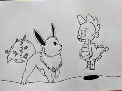 Size: 4608x3456 | Tagged: safe, artist:penguin_lover89, spike, eevee, g4, crossover, hungry, jewels, pokémon, traditional art
