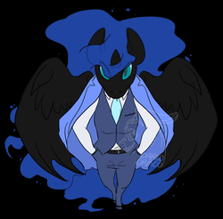 Size: 1280x1258 | Tagged: safe, artist:darkodraco, nightmare moon, anthro, g4, 30 minute art challenge, clothes, female, solo, spread wings, suit, wings