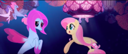 Size: 1440x610 | Tagged: safe, screencap, fluttershy, salina blue, seapony (g4), g4, my little pony: the movie, background sea pony, coral, one small thing, seaponified, seapony fluttershy, seaquestria, smiling, species swap, underwater