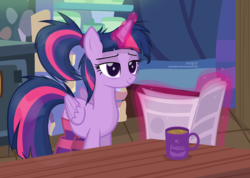 Size: 2968x2118 | Tagged: safe, artist:shutterflyeqd, twilight sparkle, alicorn, pony, g4, alternate hairstyle, bed mane, clothes, coffee, female, glowing horn, high res, horn, lidded eyes, magic, mare, messy mane, morning ponies, mug, newspaper, ponytail, show accurate, smiling, socks, solo, stockings, striped socks, telekinesis, thigh highs, twilight sparkle (alicorn)