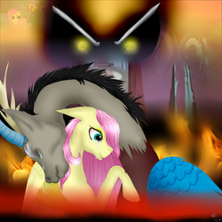 Size: 1024x1024 | Tagged: safe, artist:nightmarederpy, discord, fluttershy, lord tirek, g4, crying, fire, glare, hug