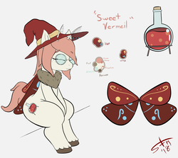 Size: 3215x2873 | Tagged: safe, artist:starkdust, oc, oc:sweet vermeil, mothpony, original species, chest fluff, eyebrows, freckles, glasses, hat, high res, hooves, reference sheet, simple background, sitting, thighs, unshorn fetlocks
