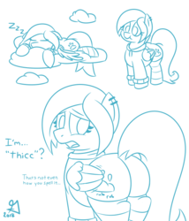 Size: 600x700 | Tagged: safe, artist:glimglam, oc, oc only, oc:rainmaker, pegasus, pony, butt, clothes, cloud, dialogue, female, hoodie, mare, monochrome, plot, simple background, sleeping, socks, striped socks, thicc thighs, white background, zzz