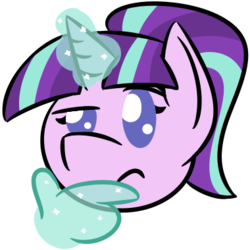 Size: 380x380 | Tagged: safe, artist:glimglam, starlight glimmer, pony, unicorn, g4, emoji, emoticon, female, glowing horn, hand, horn, magic, magic hands, raised eyebrow, s5 starlight, simple background, solo, thinking, transparent background, 🤔
