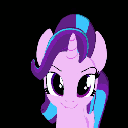 Size: 1000x1000 | Tagged: safe, artist:galawaille, edit, starlight glimmer, pony, unicorn, g4, 3d, >:), animated, black background, blender, cute, evil grin, eyebrows, female, gif, happy, looking at you, loop, mare, simple background, smiling, smirk, smug, smuglight glimmer, solo, wrong eye color