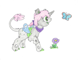 Size: 2200x1700 | Tagged: safe, alternate version, artist:jamestkelley, oc, oc only, oc:oculus, butterfly, changeling, changeling oc, female, flower, green changeling, pink hair, redraw, simple background, solo, traditional art, white background