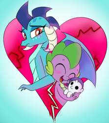 Size: 1000x1125 | Tagged: safe, artist:emositecc, princess ember, rarity, spike, dragon, g4, derail in the comments, dragon lord ember, dragoness, female, heartbreak, implied emberspike, looking back, male, plushie, rarity plushie, sad, ship:sparity, shipping, shipping denied, straight