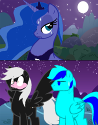 Size: 600x767 | Tagged: safe, artist:sky gamer, princess luna, oc, oc:alex sinfalair, oc:sky gamer, alicorn, pegasus, pony, g4, blushing, canon x oc, lulex, moon, night, role reversal, spread wings, sweat, unamused, wingboner, wings