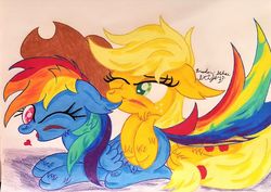 Size: 1440x1022 | Tagged: safe, artist:lunarcipher1, applejack, rainbow dash, earth pony, pegasus, pony, g4, accessory swap, blushing, colored pencil drawing, colored pupils, colored sketch, cute, ear bite, female, floppy ears, heart, lesbian, love, prone, ship:appledash, shipping, signed, sketch, smiling, sweet dreams fuel, teasing, traditional art, watercolor painting