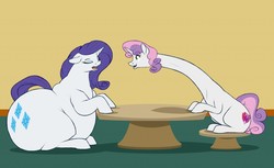 Size: 1280x781 | Tagged: safe, artist:astr0zone, rarity, sweetie belle, pony, unicorn, g4, chubbie belle, chubby, duo, duo female, fat, female, huge butt, impossibly long neck, large butt, long neck, morbidly obese, necc, obese, raritubby, sisters, sweetie giraffe, table, wat