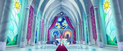 Size: 1920x804 | Tagged: safe, screencap, princess cadance, princess celestia, princess luna, alicorn, pony, g4, my little pony: the movie, alicorn triarchy, architecture, canterlot castle, canterlot throne room, carpet, curtains, female, mare, rainbow (song), stained glass, sunlight, throne, throne room