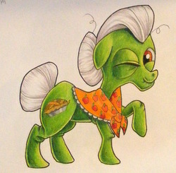 Size: 900x881 | Tagged: safe, artist:andpie, granny smith, earth pony, pony, g4, female, one eye closed, raised hoof, solo, traditional art, wink