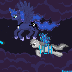 Size: 300x300 | Tagged: safe, artist:imreer, princess luna, alicorn, pony, g4, advertisement, animated, artificial wings, augmented, commission, glowing horn, horn, magic, magic wings, pixel art, wings, your character here