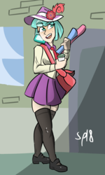 Size: 1200x2000 | Tagged: safe, artist:speedminty, coco pommel, human, g4, clothes, cute, female, hat, humanized, mary janes, pleated skirt, purse, shirt, shoes, skirt, socks, solo, stockings, thigh highs