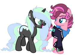 Size: 1024x749 | Tagged: safe, artist:crystalponyart7669, oc, oc only, oc:pastel attack, oc:skyla, pony, unicorn, clothes, cross of st peter, ear piercing, earring, female, jacket, jewelry, mare, piercing, simple background, transparent background