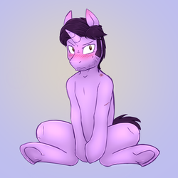 Size: 1800x1800 | Tagged: safe, artist:deyogee, pony, blushing, crossover, facial hair, jessica jones, kilgrave, ponified, scar, simple background, sitting, solo, underhoof