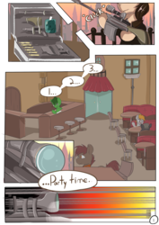 Size: 2480x3508 | Tagged: safe, artist:beardie, oc, oc only, chair, comic, door, gun, high res, rifle, sniper rifle, table, tavern, text, weapon, window