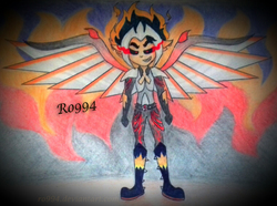 Size: 758x563 | Tagged: safe, artist:ro994, flash sentry, oc, oc only, oc:fire pit, demon, human, equestria girls, g4, corrupted, evil, midnight-ified, outfit, sketch, solo, traditional art