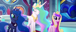 Size: 1920x804 | Tagged: safe, screencap, princess cadance, princess celestia, princess luna, alicorn, pony, g4, my little pony: the movie, alicorn triarchy, canterlot castle, canterlot throne room, crown, eyes closed, jewelry, regalia, side by side, smiling, stained glass, throne, throne room, trio