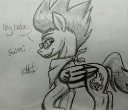 Size: 2672x2306 | Tagged: safe, artist:comet0ne, artist:katkathasahathat, oc, oc only, oc:suisei, pegasus, pony, bandana, glasses, high res, male, monochrome, solo, traditional art