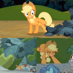 Size: 2048x2048 | Tagged: safe, edit, edited screencap, screencap, applejack, dust brush, petunia paleo, professor fossil, earth pony, pony, g4, shadow play, spike at your service, comparison, cowboy hat, female, hat, high res, inconsistency, mare, rock