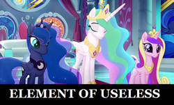 Size: 1096x664 | Tagged: safe, edit, edited screencap, screencap, princess cadance, princess celestia, princess luna, alicorn, pony, g4, my little pony: the movie, cantdance, luna is friggen useless, op is a duck, op is trying to start shit, uselesstia