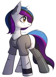 Size: 1574x2160 | Tagged: safe, artist:fensu-san, oc, oc only, earth pony, pony, amputee, clothes, prosthetic limb, prosthetics, scar, shirt, simple background, solo, white background