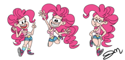 Size: 1687x817 | Tagged: safe, artist:jmdoodle, pinkie pie, human, g4, belly button, breasts, cleavage, clothes, female, humanized, midriff, shirt, shoes, sneakers, solo, style emulation, the loud house
